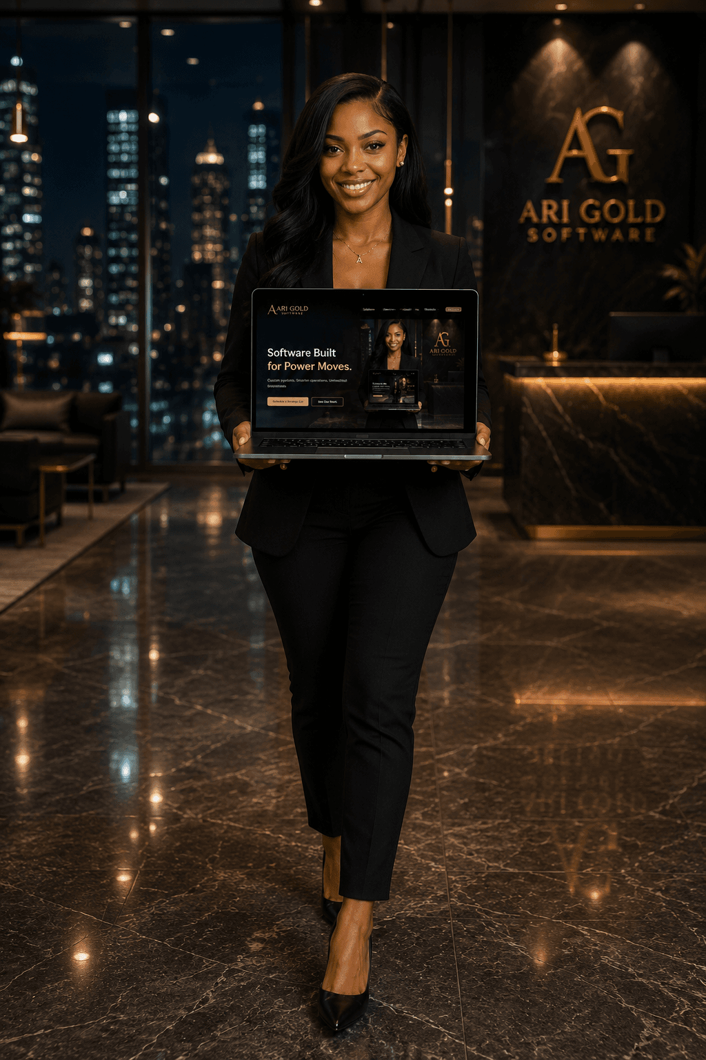 Ariella Gold in the Ari Gold Software lobby, holding a laptop