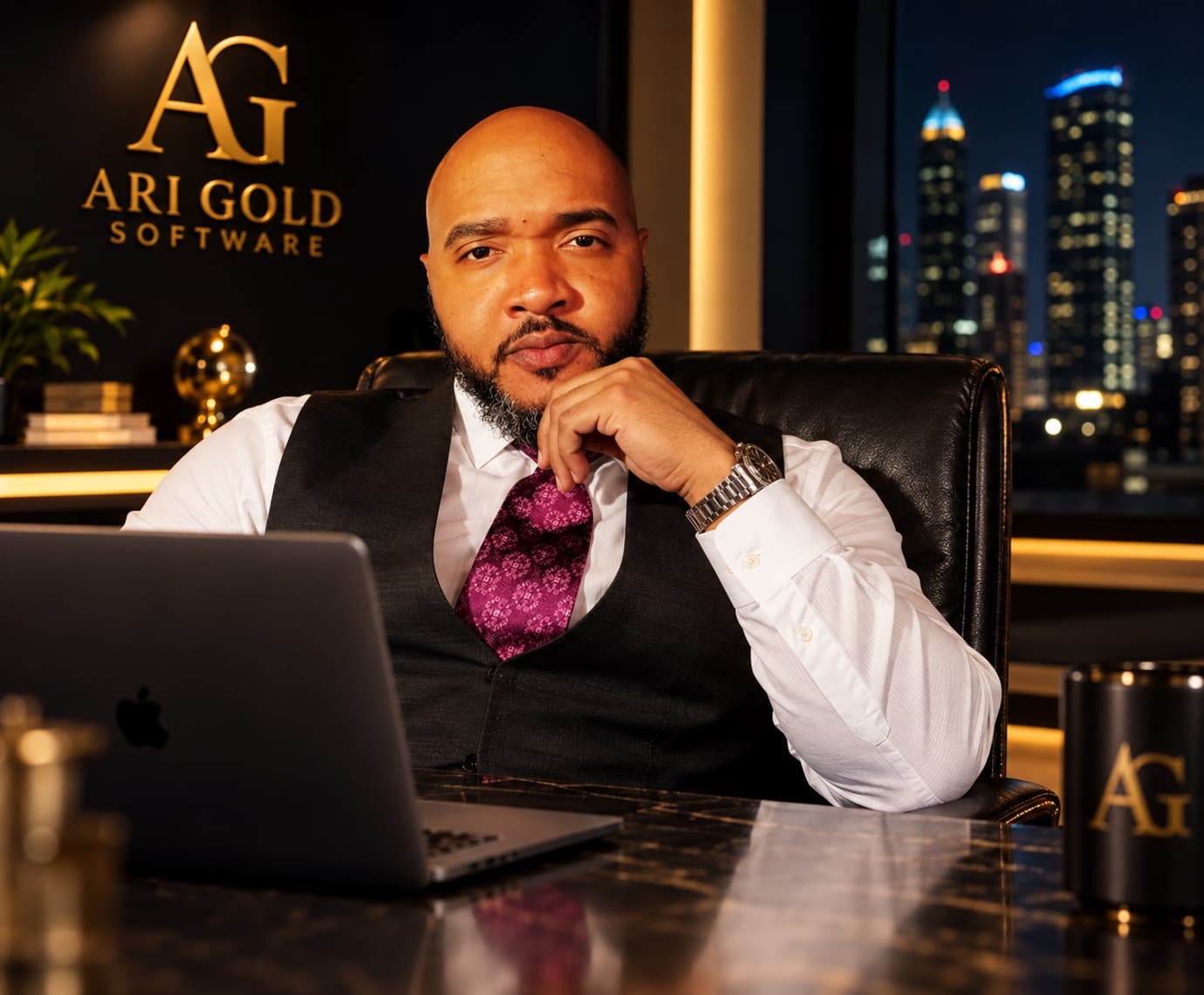 Darius D. Howard, founder and developer of Ari Gold Software, at his desk in the studio office